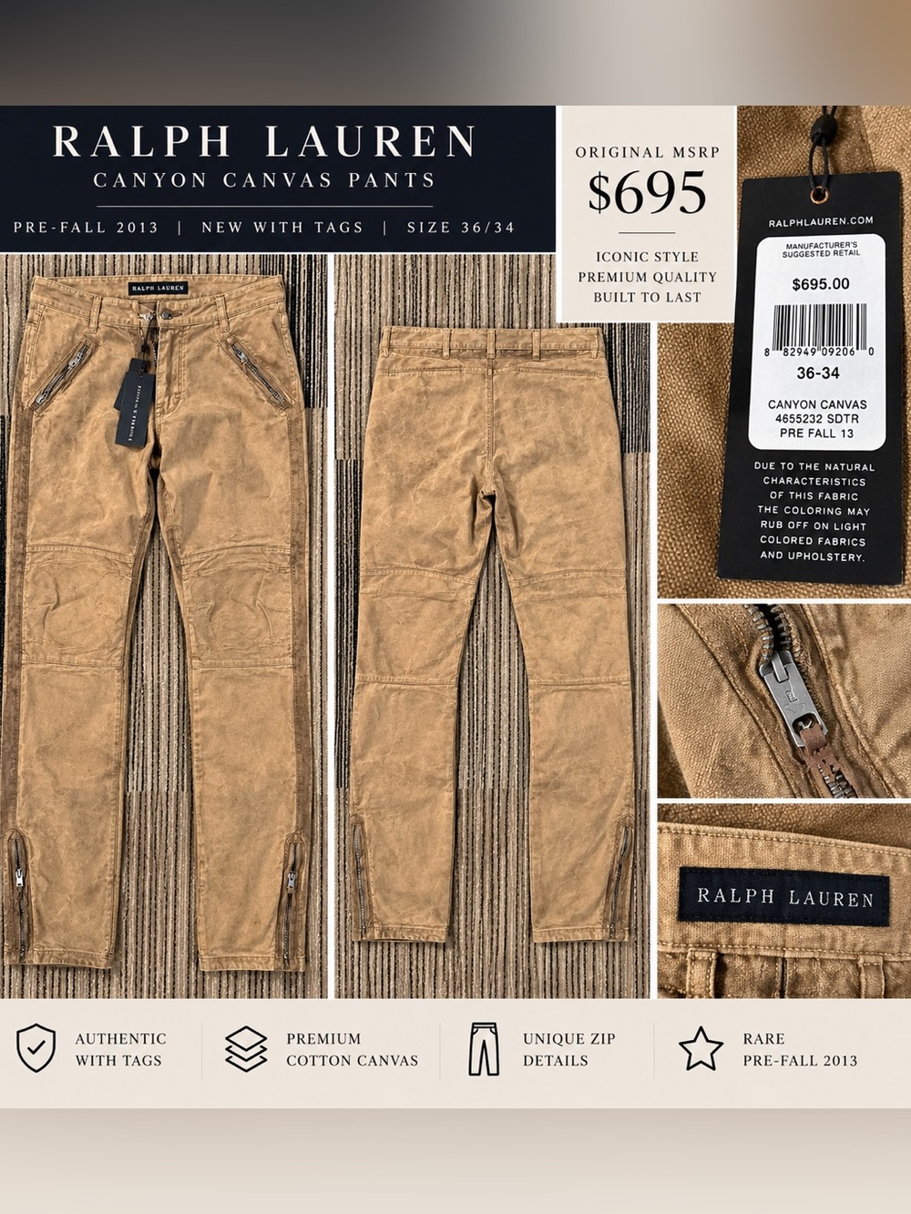 Ralph Lauren Tan Canyon Canvas Zip-Detail Chinos